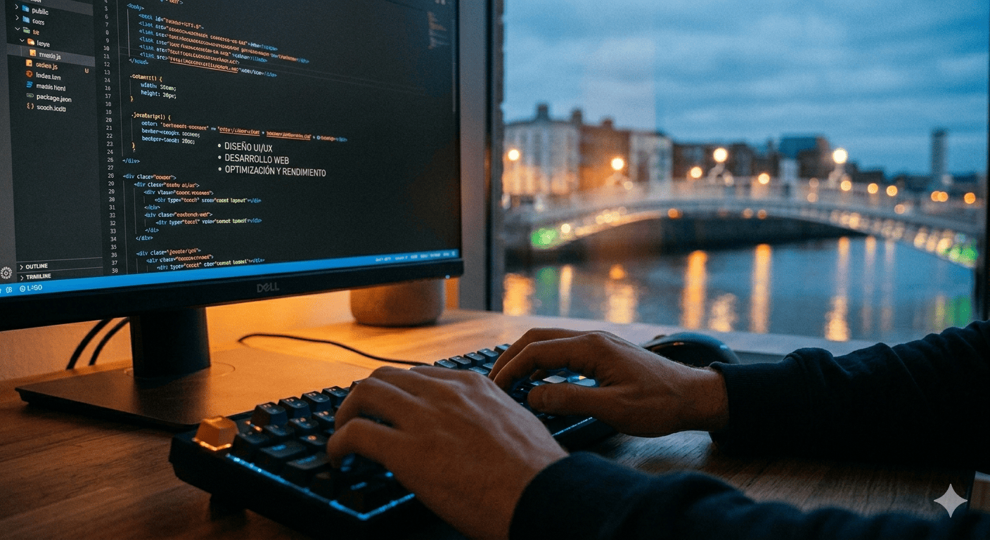 Primer plano extremo de unas manos escribiendo en un teclado mecánico retroiluminado con luces LED azules y cálidas.