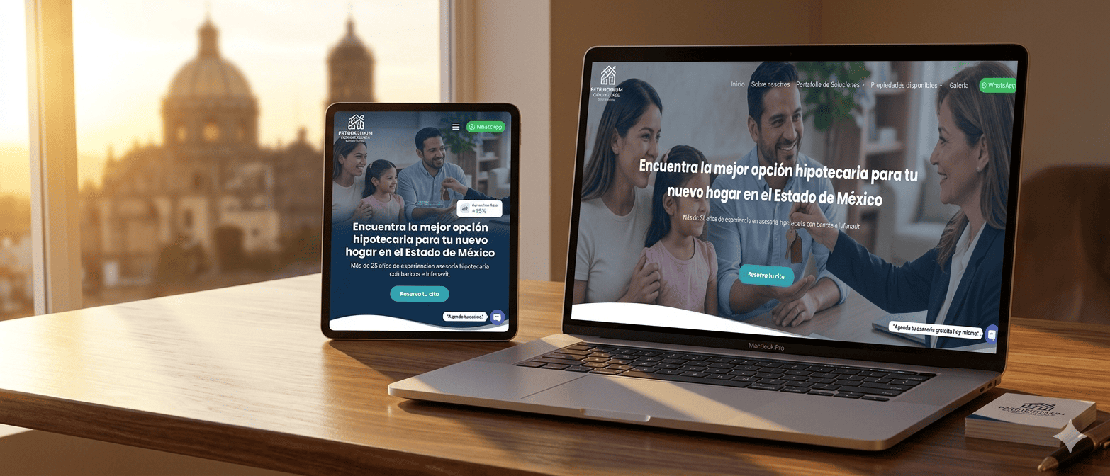 dispositivos dispuestos sobre un escritorio de madera pulida mostrando una pagina web