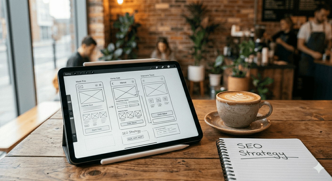Una toma cenital suave de un iPad Pro abierto con la Apple Pencil encima, mostrando bocetos de wireframes UI/UX (cuadros de texto, botones, menús) para una versión móvil