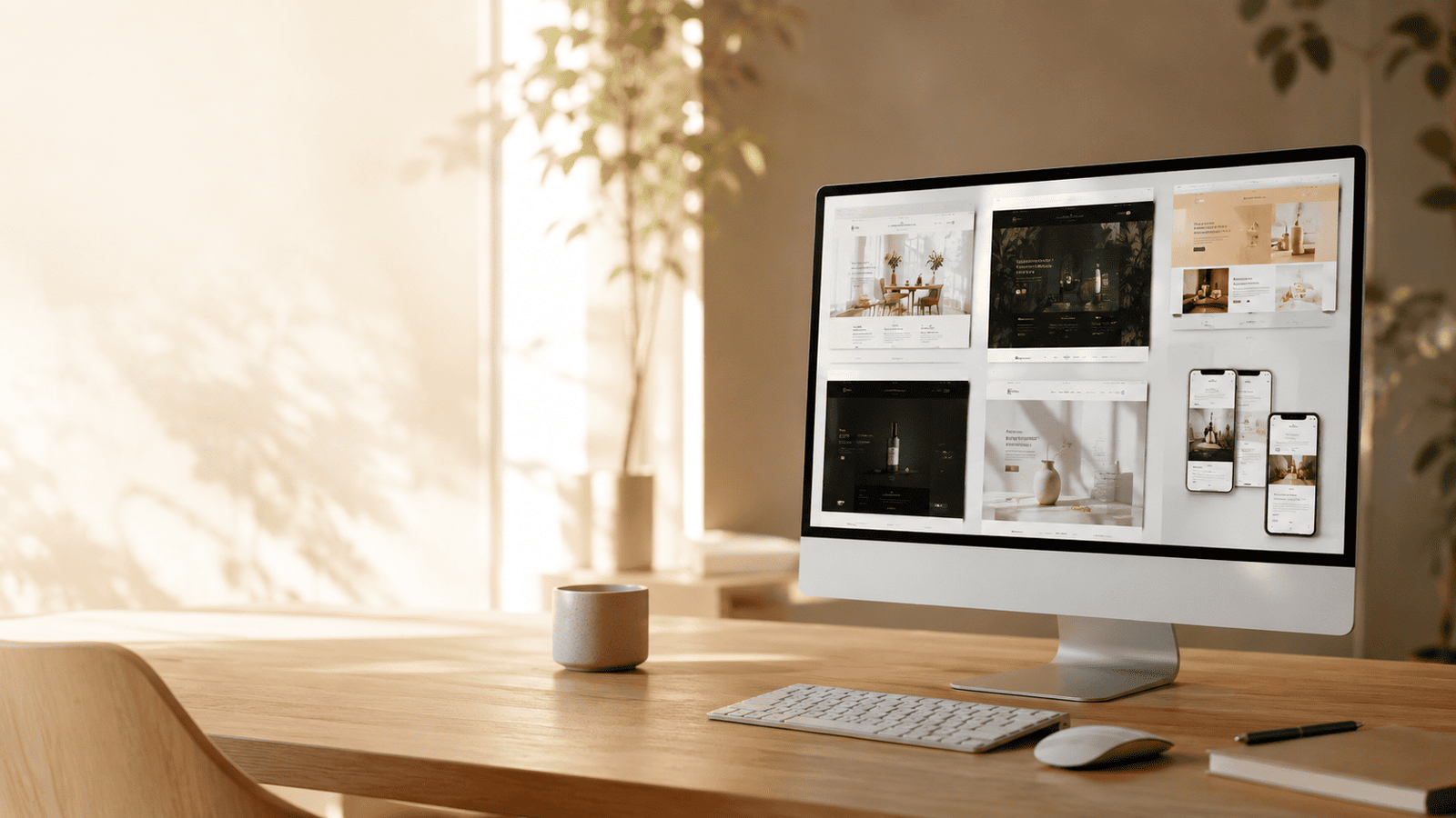 escena elegante y minimalista con un escritorio de madera clara y un monitor ultradelgado